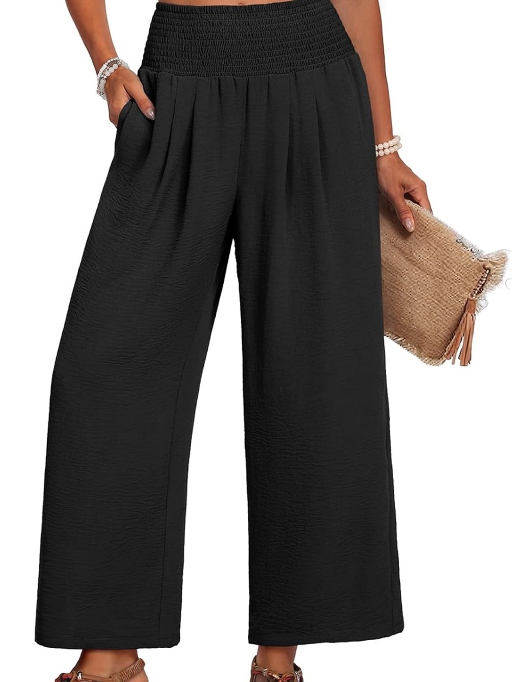 Smocked High-Waist Wide Leg Pants - Black and Navy (sold as set of two)